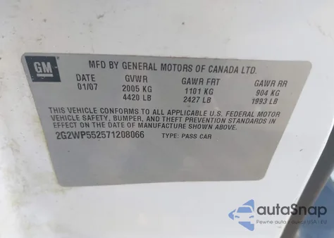 2007 Pontiac Grand Prix z USA, uszkodzony, nr VIN 2G2WP552571208066